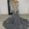 Long Sier Halter Mermaid Prom For Black Girls Beaded Rhinestones Sheer Tulle Crystal Birthday Party Dresses Sparkly Sequined Evening Gowns