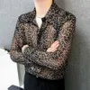 Men's Casual Shirts Mens Sexy Leopard Print Mesh See-Through Ice Silk Shirt Autumn Genderless Fashion Youth Nightclub Breathable Hollow Top Unisex 24416