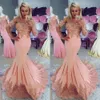 Peach Elegant zeemeermin prom -jurken met afgedekte lange mouwen kanten appliques kralen Kralen