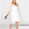 Plus Size Dresses 3/4 Lace Sleeve Spring Autumn Elegant Party Dress Women White Flt Flare Midi Large Night Out Wedding Drop Delivery Dhrzh