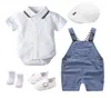 Newborn Boy Summer Clothes Set Cotton Kids Birthday Dress White Infant Outfit Hat Romper Overall Socks 5 PCS8302334