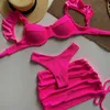 Solide golvende stof lage taille bikini set deksel zwempak voor vrouwen push up ruche drie stukken badmode strand badpakken 240416