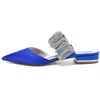 Casual Shoes Satin Crystals Wedding Flats Point Toe Slip On Women Plat Mule för prom/kväll/cocktail/Party/Homecoming