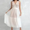 Casual Dresses Elegant Sleeveless Lace Trim Wedding Bridemaid Dress For Women Solid Temperament V-neck Ruffles Hem Midi Female Robes