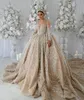 Champagne Crystal Ball Gown Wedding Dress Sheer Neck långa ärmar Bröllopsklänningar Sop Train Ruffle Saudi Arabic Dubai Qatar lyxiga brudklänningar plus storlek