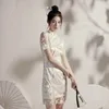 Etniska kläder cheongsam kinesisk stil vintage mandarin krage vestidos sommar kort ärm sexig spets split qipao ung mode modifierad