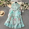 Casual Dresses Spring Summer Semester Flower Print Long Dress Women's Lantern Sleeve Single Breasted Spets Up A Line Loose Robe Vestido 2029