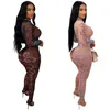 Designer Sexig mesh bodysuits and leggings Två stycken Set Women Summer Long Sleeve Sheer Printed Outfits See Through Wholesale Clothes 10965