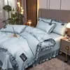 Korean Luxury Washed Ice Silk 4pc Set Pure Color Spring And Summer Silky Nude Sleeping Pillowcase Lace Quilt Cover Bed Skirt 240403