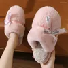 Slippers Men Women Winter Warm Ladies Home Lovely Pink Ribbon Bow Slides Couple Indoor Thicken Bottom Soft Anti-slip Shoes