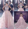 2020 Evening Dresses Wear Arabic Dubai Pink 3D Floral Flowers Ball Gown Over skirts Lace Appliques Plus Size Formal Party Dress Pr3932918