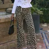 Pantalon féminin Femmes Long Leopard Imprimé large jambe large pour un pantalon de taille élastique de taille moyenne