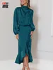 Casual Dresses Elegant Party for Women's Luxury Slim Split Long Sleeve Midi Dress with Ruffles Vintage Solid Satin Oregelbunden 3005