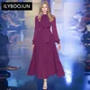 Vestidos casuales de la pista Spring Spring Women's Bow Collar Long Lantern Manga Purple Party Plaated Party For Women 2024