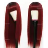 Red Wigs Neat Bangs Long Silky Straight Wig Heat Resistant Synthetic Fiber Hair Dark Roots Ombre Color Glueless Full Hine Made