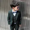 Suits Boys Dark Green Formal Wedding Party Suit Children Blazer Vest Pants Tie 4 PCS Tuxedo Kids Performance Photography Dress Costume