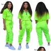 Kvinnors tvådelade byxor Neon Solid Sportwear Women Outfits Short Sleeve Zip Jacket Top ADD Mesh Streetwear Tracksuit Matching Sets 21 DH7TJ