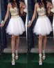 Stunning Two Piece Short Homecoming Dress Gold and White Luxury Gold Stones Spaghetti Straps Prom Gowns Custom Made High Quality6483974