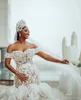 2024 Arabisch ASO EBI Plus Größe Elfenbein Meerjungfrau Hochzeitskleid Blumen Spitze Perlen Illusion Brautkleider Kleider ZJ404