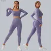 Kvinnors träningsdräkter Sandtvättsportuppsättning för kvinnor sömlös yogadräkt långärmad fitness topp med rumpa lift scrunch träning leggings gym wearl2403