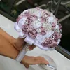 Bröllopsblommor Janevini European Dusty Purple White Bridal Bouquets Bling Crystal Artificial Satin Roses Bruden Hand Bouquet