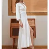 Women's Sleepwear 40010-2Lace Long Dressing Robe Draped Satin Solid Color Beautiful Back Hollow Out Sexy Nightgown French Pajamas