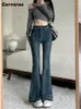 Kvinnors jeans cotvotee blå för kvinnor 2024 mode vintage burr hög midja streetwear stretch smal flare full längd