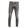 Jeans masculin à la mode de rue vintage gris élastique slim slim bicycle épissé Homme Patch Designer Hip Hop Pan