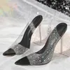 Sandaler Eilyeken Sexig Crystal PVC Transparent Peel Toe Womens Pump Thin High Heels Slippers Elegant Banket Stripe Sandaler J240416