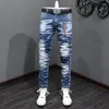 Men's Jeans High Street Fashion Split Vintage Washed Blue Elastic Slim Fit Designer Denim Pencil Pants Hombr