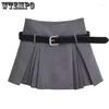Skirts WTEMPO Preppy Style Short Pleated With Belt Women Fashion High Waist A-Line Gray Black Mini Safety Pants