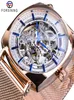 ForSining Rose Gold Mechanical Men armbandwatch Creative Square Transparent Business Steel Mesh Band Sports Automatic Watches Gift9502219