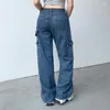 Jeans pour femmes streetwear femme haute taille jambe baggy grande poche épissage pantalon denim femme large globalement