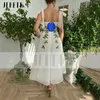 Abiti per feste Jeheth White Mesh Fabric Flowers foglie abito da ballo pastorale a cuore cinghie un abito da sera con tasca caviglia