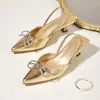 Sandálias Eilyken Crystal Bow fino de salto alto da bomba feminina Moda Gladiator Sandals Sling Party Corner Toe Ball Shoes J240416
