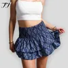 주름 가장자리 인쇄 스커트 여성 패션 플로럴 주름 짧은 여성 휴가 Boho Miniskirt 섹시한 여자 Y2K 스커트 Mujer 240416