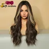 Nouveau pour les dames à mi-longueur, casque en dentelle ondulée avec des reflets de gradient psychique brun pour cheveux pour filles Cosplay Wig