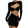 Cover Up Dress Women Bath Exits Swimsuit Beach Suit Clothing 2024 Summer Long Sleeve Short Skirt Cutout Sexy Two Piece Set Solid