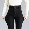 Jeans pour femmes 2024 dames super hautes taille sexy skinny hiver rétro bleu noir épais pantalon de crayon élastique épais élastique