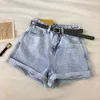 2020 Korean Versatile Curled and Perforated Jeans High Waist Slim Wide Leg Hot Pants for Female Students Chic Fashion