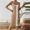 Повседневные платья Lady Open Back Stenge Party Dress 2024 Сексуальные женщины Полые леопардовые припечатки коктейль бодикон с плеча длинные