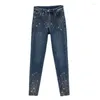 Jeans femminile europeo skinny 2024 primavera ed estate ad alta vita slim co-matching INS Pantaloni a matita di strass blu blu