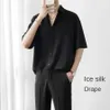 Herren lässige Hemden Ice Seide Kurzärärmische Herren Nicht-Eisen-Drape Feste Farbe Fünf Viertel Ärmel Hemd übergroße All-Match Lose T-Shirt 24416