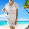 Beach Cover-up Stylish Swimwear Dresses For Women V-neck Short Sleeve Summer Dress Crochet Hollow Out Tunic Knit