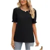 여성 티셔츠 T 셔츠 2023 여름 패션 주름 둥근 빈 구멍 아웃 둥근 목 짧은 슬리브 단색 티셔츠 캐주얼 한 느슨한 튜닉 탑 Cl dhx8x