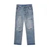CE Style Autumn American High Street Trendy Brand tvättat och nödställt, mångsidiga avslappnade lösa raka ben jeans för män