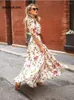 女性のためのカジュアルドレス2024年夏のファッション花プリントフロア3クォータースリーブルーズドレス