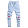 Jeans masculin Reddachic Light Wash Ripped Straight Men CleanTfit Splash Ink Patchwork Pantalon de jean effiloché