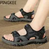 Sandals PINGKEE Men Summer Leather Mesh Fabric Lining Rubber Lug Sole Wading Beach Trail Padded Collar Tongue Hiking Shoes