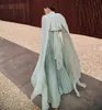 Modern Sage Green Prom Formal Dress Cap ärmar High Neck Chiffon Long A Line Pleat Evening Party Gowns Celebrity Wear Arabic Robe de Soiree